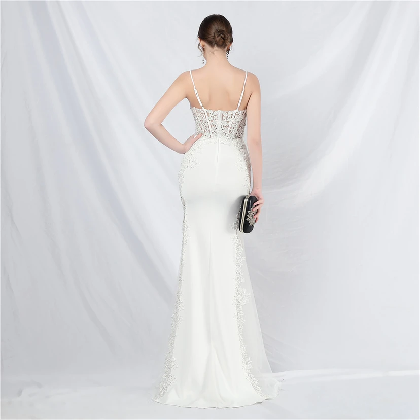 Spitzen-Abendkleid mit heißer Diamant- und Fischgrätenmuster-Weste, tiefem Taillenausschnitt, schulterfreiem Design und kurzer Schleppe view 87