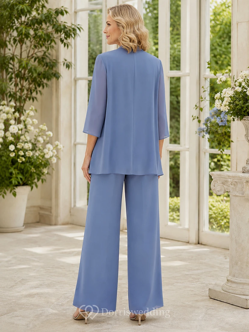 Mother Steel Blue Chiffon Pantsuit with V-Neck Open Jacket and Wide Leg Pants view 2