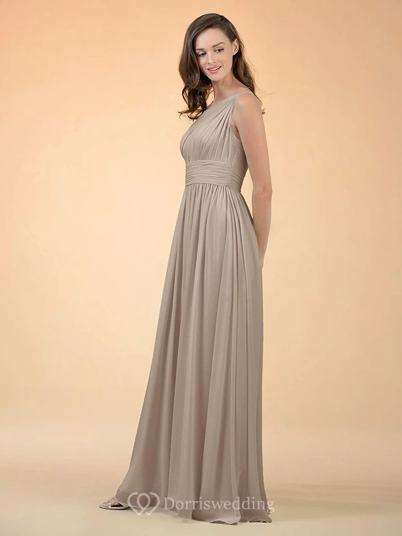 Simple One-shoulder A Line Sleeveless Floor-length Chiffon Bridesmaid Dress With Ruching view 5