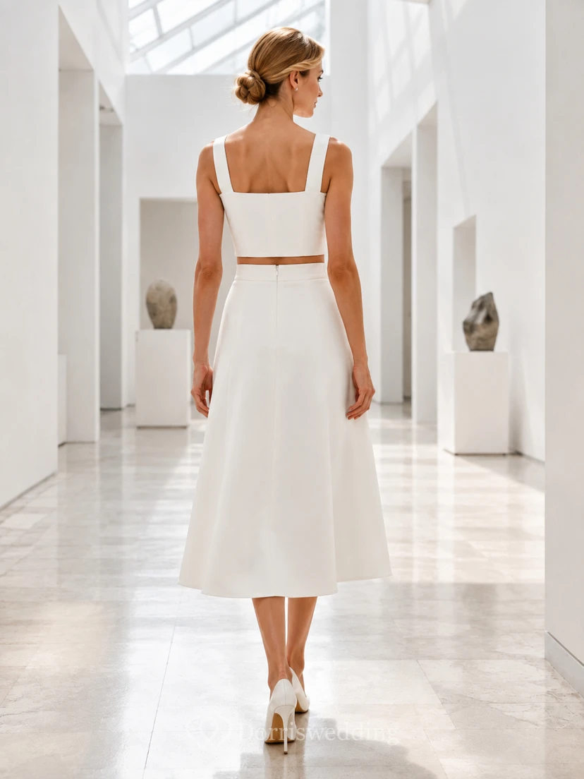 Two Piece Satin Square Neck Tea Length A-Line Civil Wedding Dress view 2