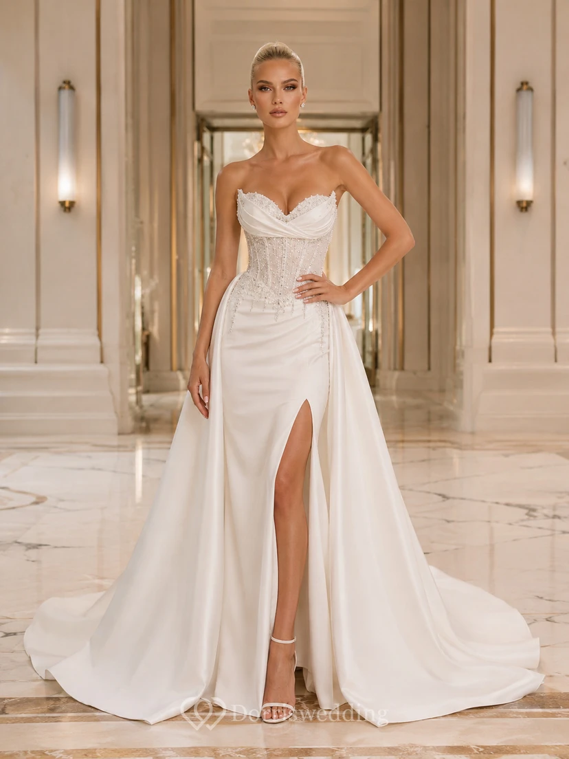 Robe de mariée pavillon en satin botanique, bustier cœur, fourreau, traîne cathédrale, surjupe amovible