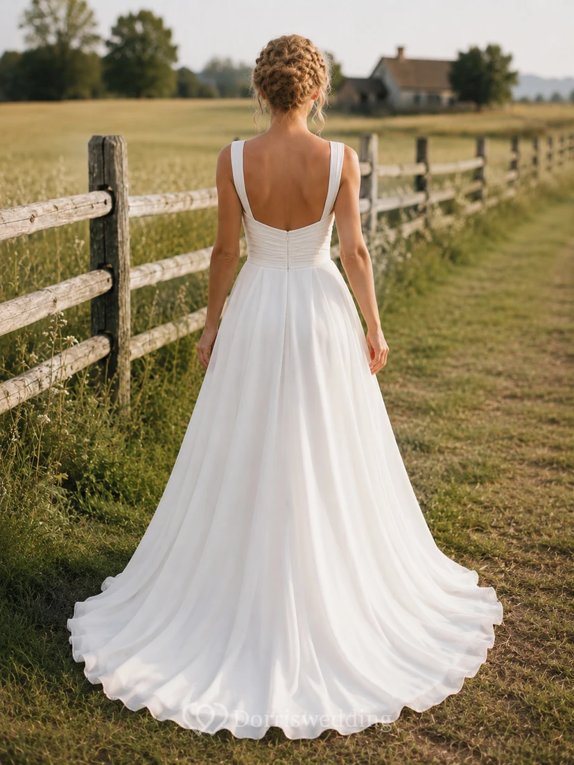 Robe de mariée champêtre simple et rustique, en mousseline, coupe trapèze, bretelles carrées et traîne chapelle, à encolure chapelle. view 2
