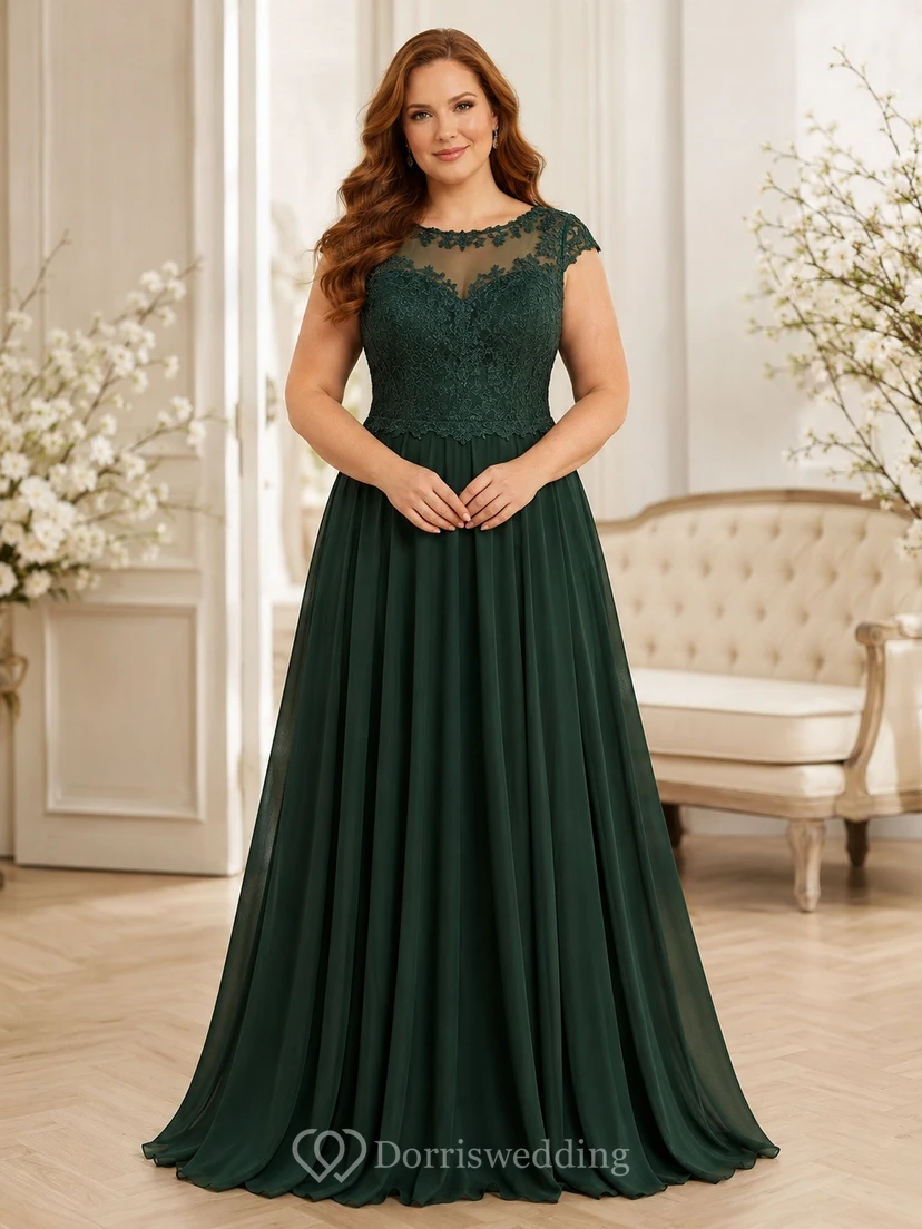 Dunkelgrünes, plissiertes A-Linien-Abendkleid mit Spitzenkappenärmeln