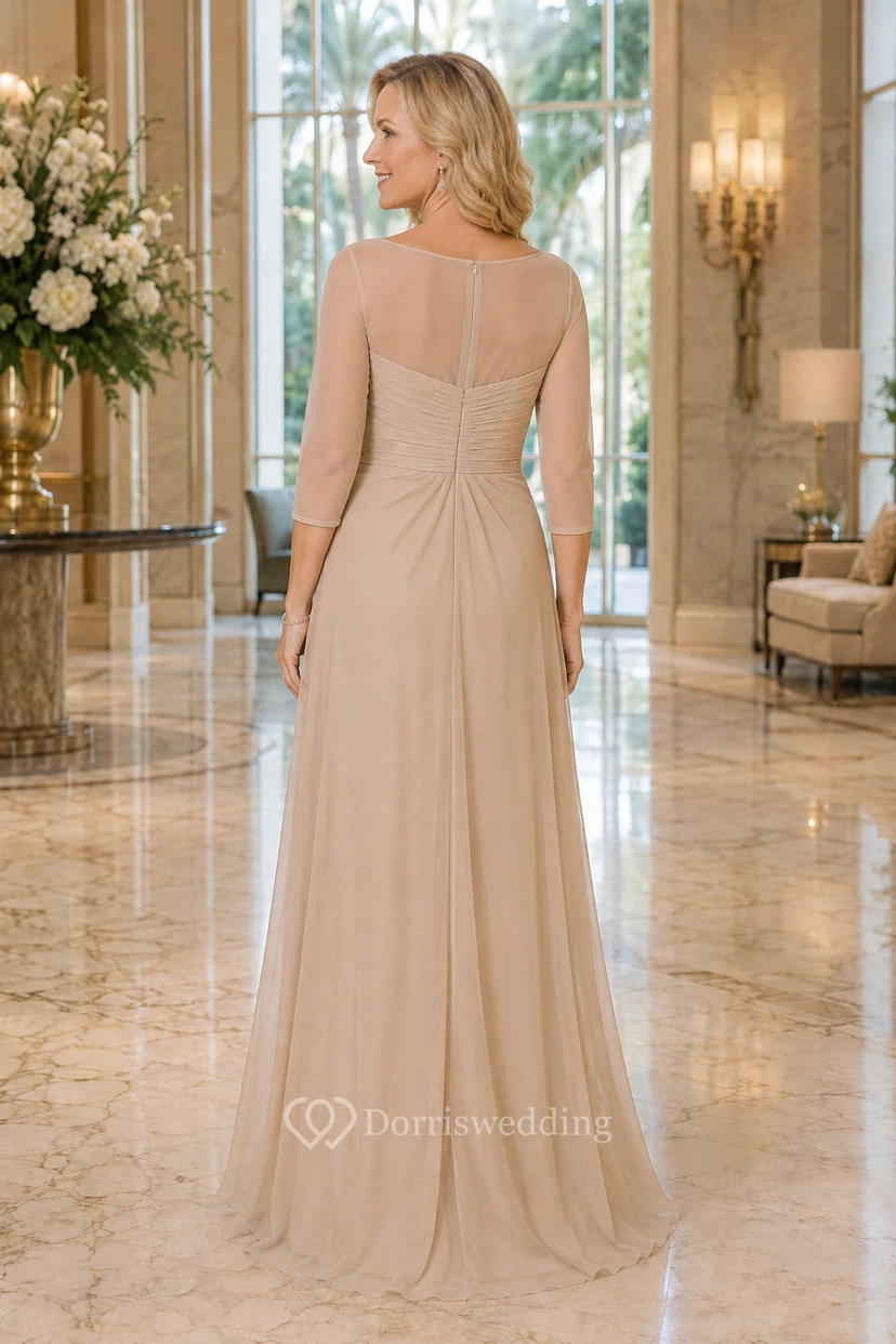 MOB-Kleid aus champagnerfarbenem Chiffon, A-Linie, lange Ärmel, U-Boot-Ausschnitt, bodenlang, mit Rüschenbesatz view 2