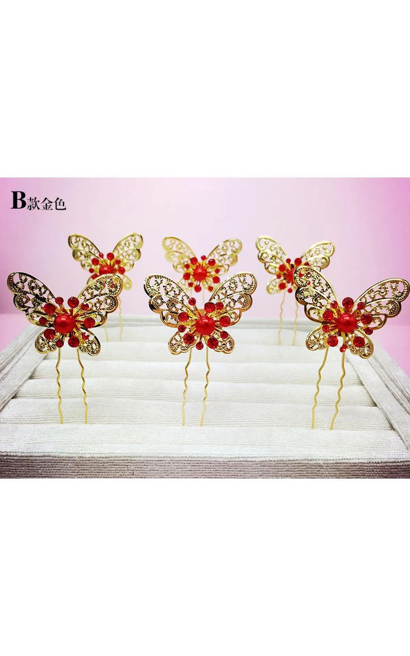 Braut-Kopfschmuck in Rot, Haarschmuck für chinesisches Cheongsam, Hochzeitsaccessoires, Tellerhaarnadel, U-förmige Haarspange view 14