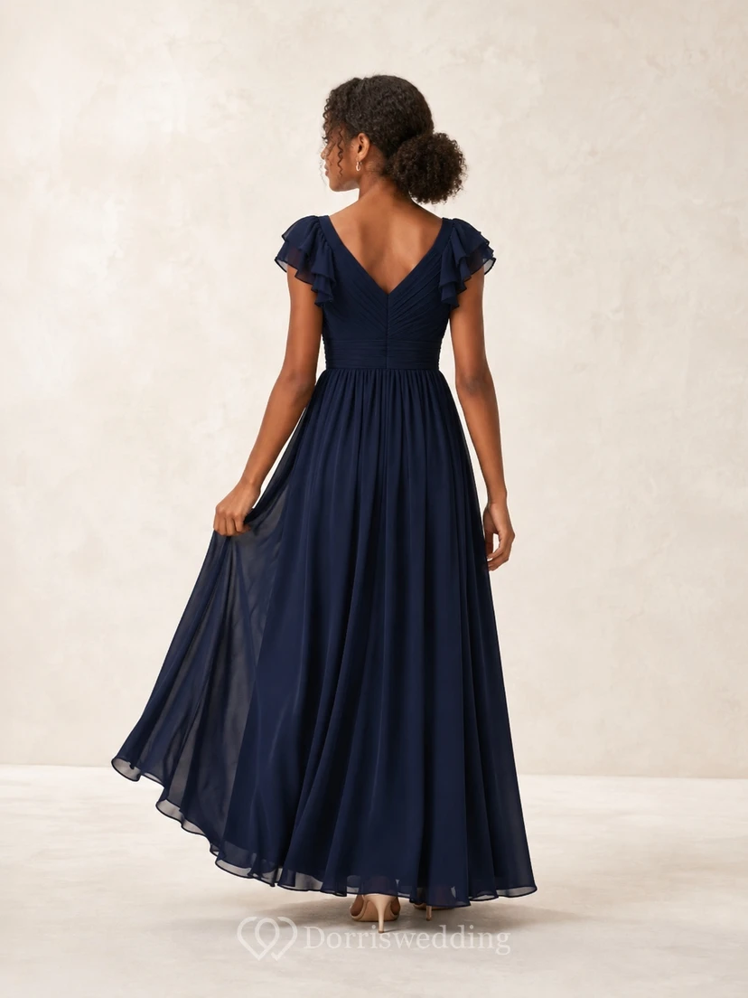 Dark Navy Junior Bridesmaid Dress A-Line V-Neck Short Sleeves Ruffles view 2