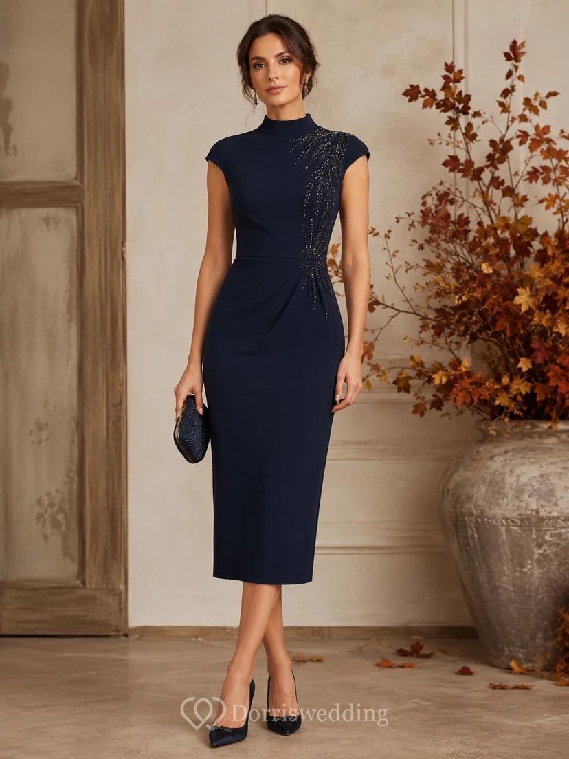 Dark Navy High Neck Autumn Cap Sleeve Sheath Cocktail Dress