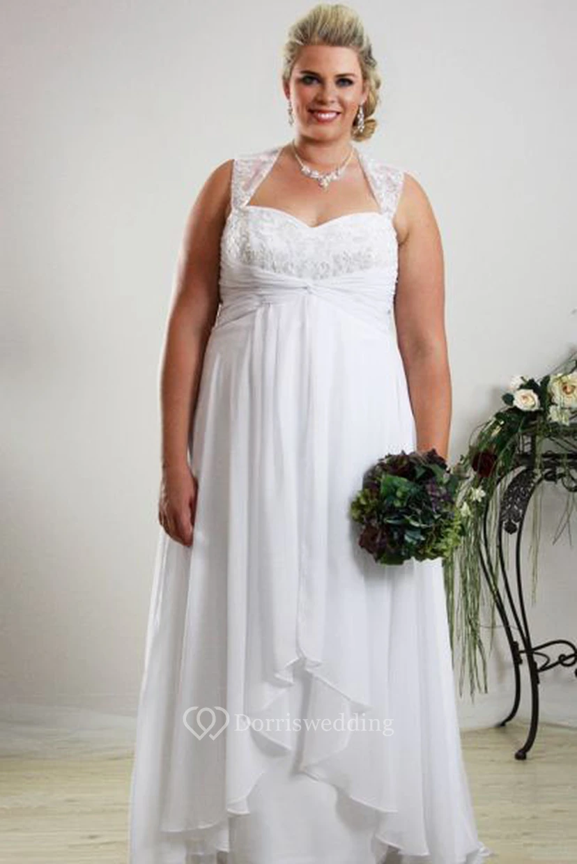 Floor-Length Sleeveless Queen Anne Draped Chiffon Plus Size Wedding Dress With Appliques