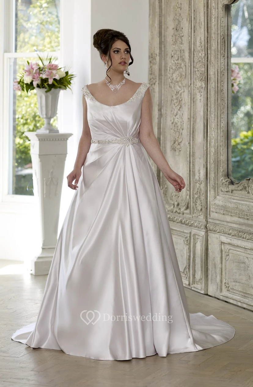 A-Line Floor-Length Scoop Neck Sleeveless Satin Court Train Lace-Up Back Draping Dress