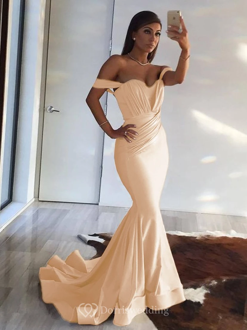 Sexy Mermaid Off-the-shoulder Sheath Champagne Ruched Evening Prom Dress view 14
