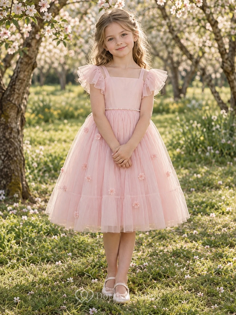 Square Neck Blush Flutter Sleeve Pearl Waist Rose Applique Tea-length A-Line Gathered Tulle Flowergirl Dress