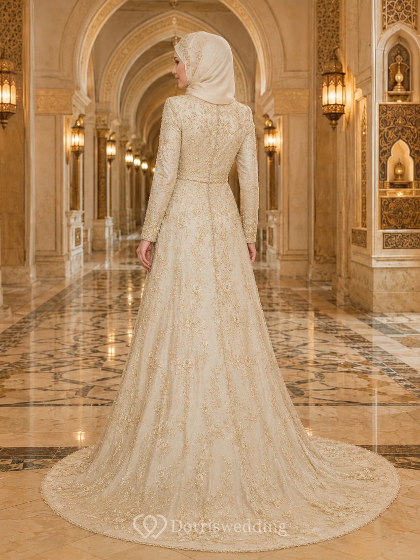 Goldenes muslimisches Hochzeitskleid mit langen Ärmeln, hohem Kragen und Spitze in A-Linie view 2