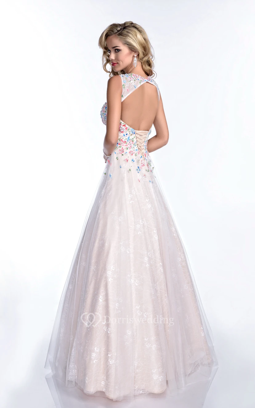 Bateau Neck Sleeveless A-Line Lace Prom Dress With Bling Rhinestone Bodice view 2