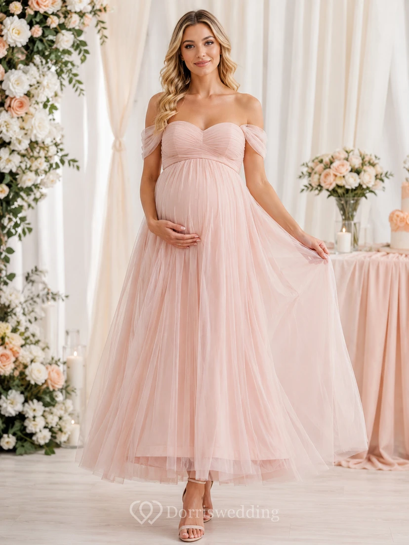 Robe de demoiselle d'honneur rose poudré, épaules dénudées, style empire, en tulle, longueur thé.