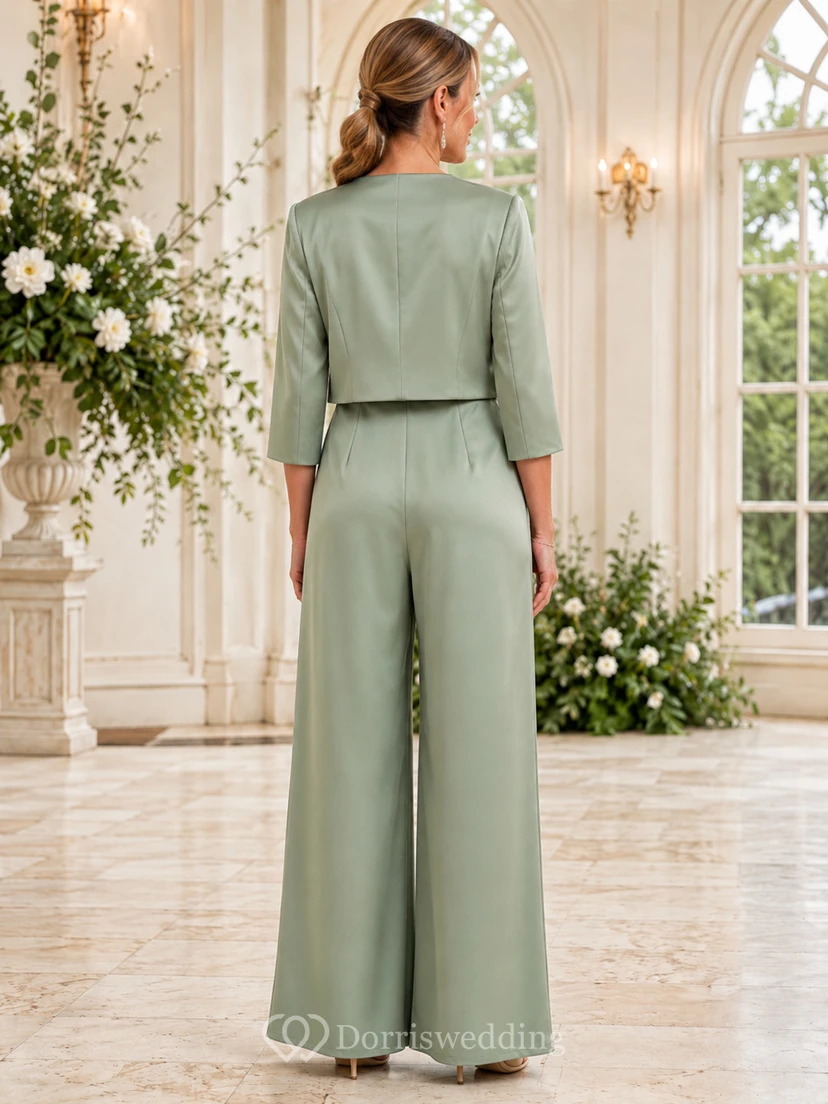 Sage Mother Pantsuit with Satin Wrap Top, Cropped Jacket and Wide Leg Pants view 2