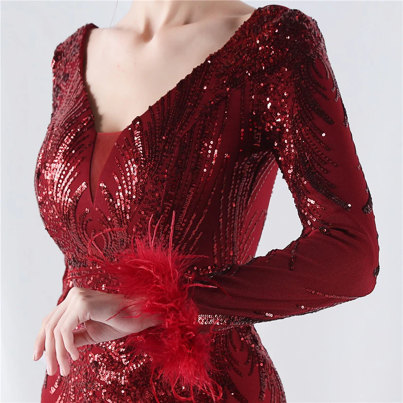 Robe de soirée haut de gamme ornée de perles florales fixes et de poils d'autruche, hôte de la réunion annuelle d'hiver view 18