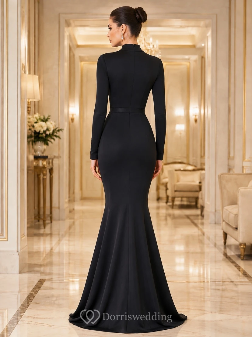 Modest Black High Neck Long Sleeve Crepe Mermaid Floor-Length Evening Gown view 2