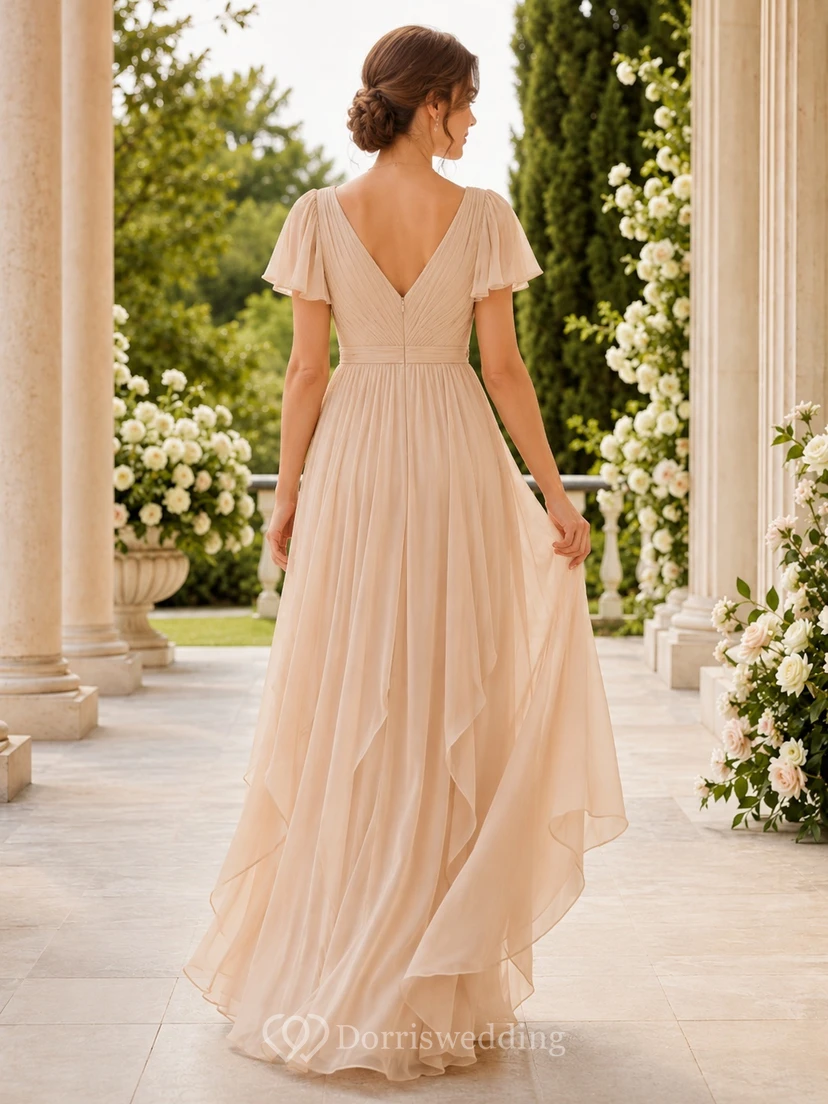 Taupe V-Neck Flutter Sleeve Chiffon Cascading A-Line Floor-Length Romantic Abendkleid Gown view 2