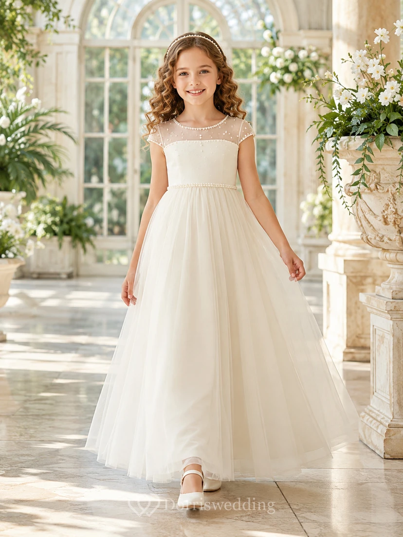 Transparentes Tüllkleid mit U-Boot-Ausschnitt, knöchellang, für Blumenmädchen, Kommunionkleid