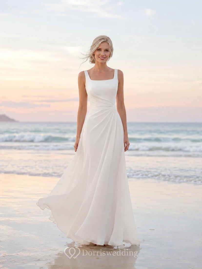 Simple Square Neck Sleeveless Beach A-Line Wedding Dress