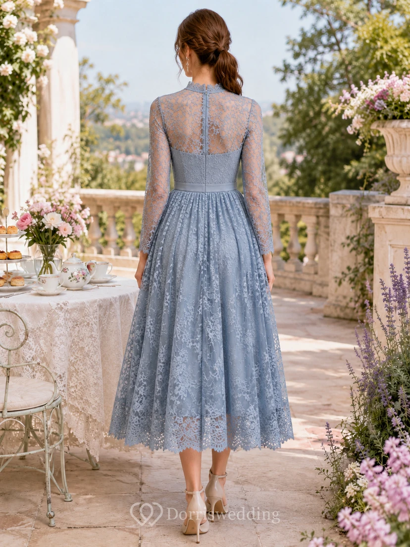 Dusty Blue Illusion Long Sleeve Lace Tea Length Dress view 2