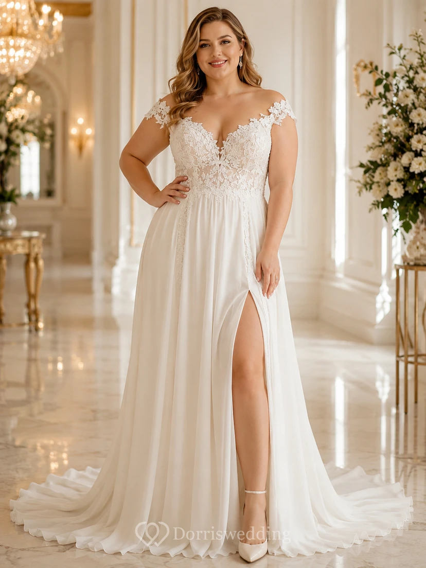 Robe de mariée trapèze à bustier en dentelle épaules dénudées et fente sur le devant view 4