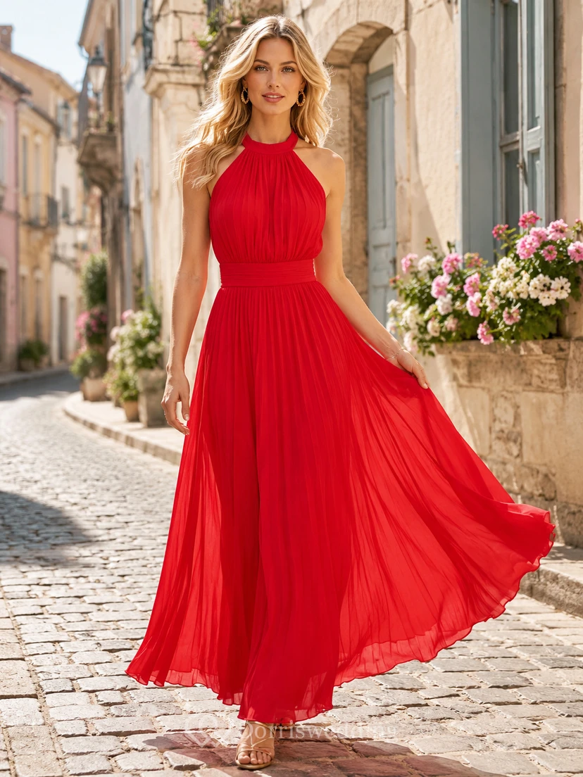 Rotes, plissiertes Chiffon-Maxikleid mit Neckholder, ideal für Reisefotos