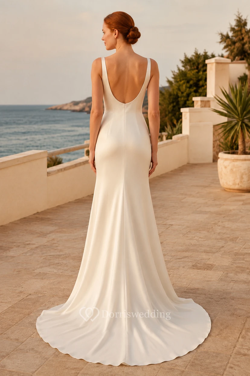Robe de mariée fourreau en satin ivoire à encolure ronde et traîne. view 2
