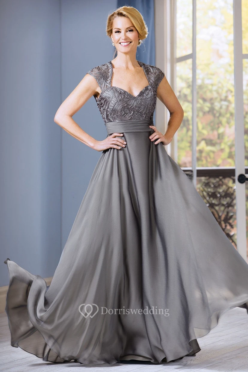 Cap-Sleeved A-Line Gown With Pleats And Appliques