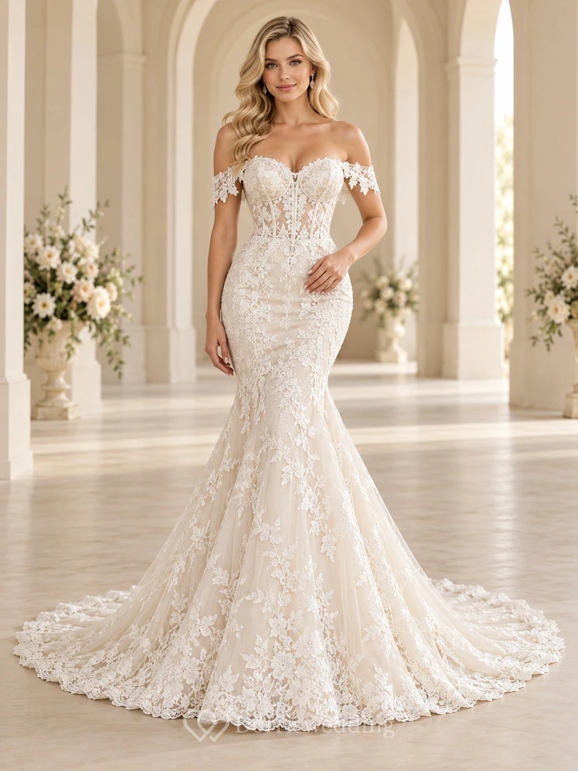 Mermaid Off Shoulder Sweetheart Floral Lace Fitted Train Wedding Dress
