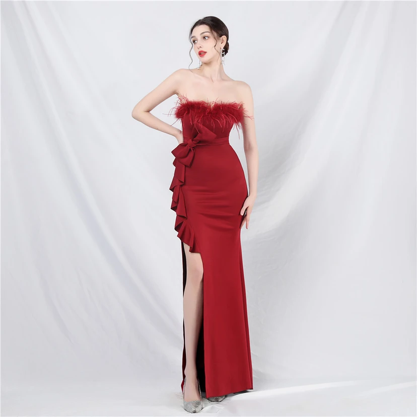 Crafted Custom-Made Ostrich Hair Off-Shoulder Tube Top Dinner Celebration Wedding Dress view 2