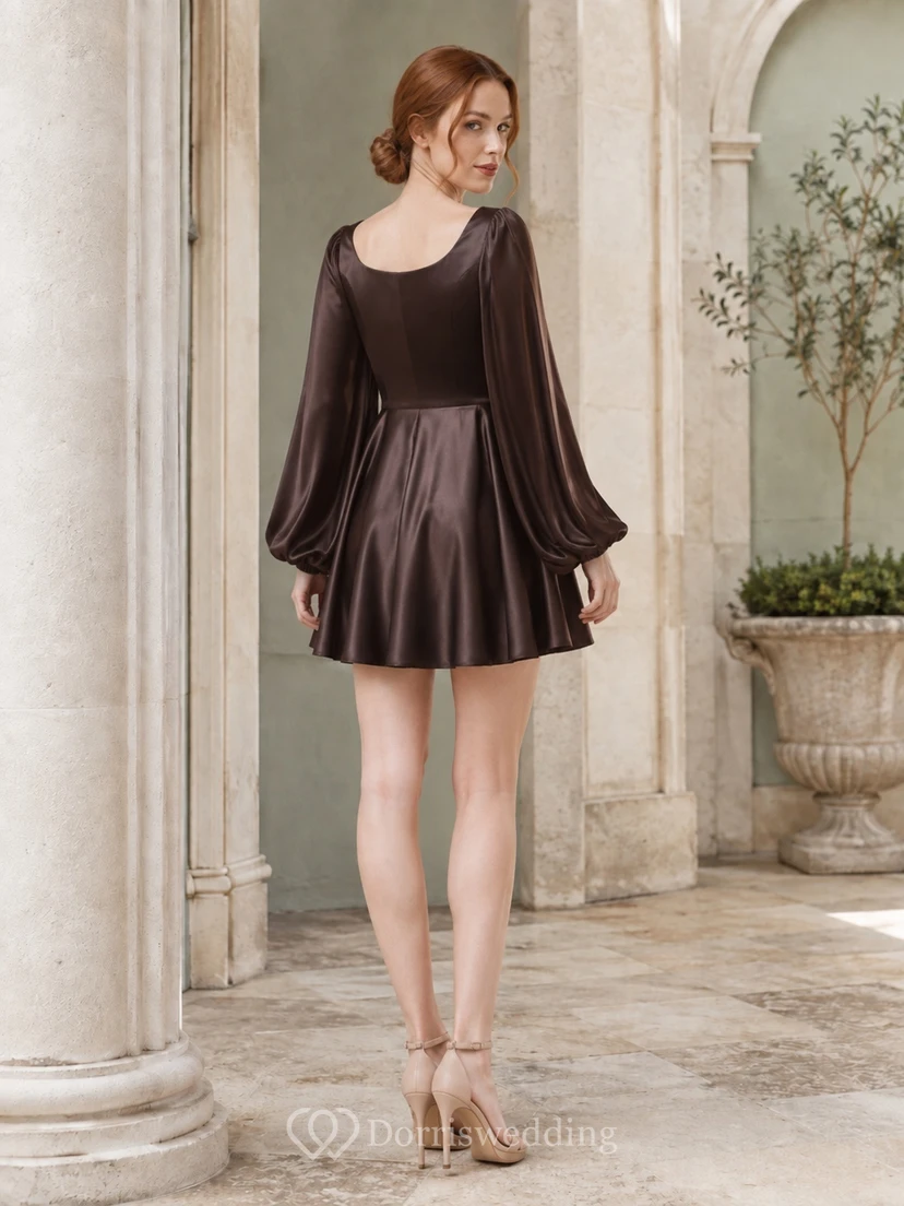 Espressofarbenes Satin-Kleid mit Rundhalsausschnitt, Glockenärmeln und drapiertem A-Linien-Schnitt für den Abschlussball view 2
