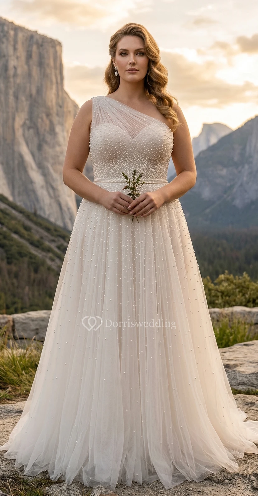 Plus Size A-Line Wedding Dress with One-Shoulder Illusion Beaded Tulle Bodice