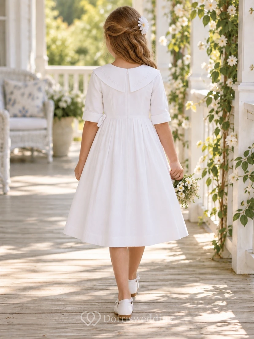 Vintage Tea-length White Sailor Collar Half Sleeve Cotton Flower Girl Dress view 2