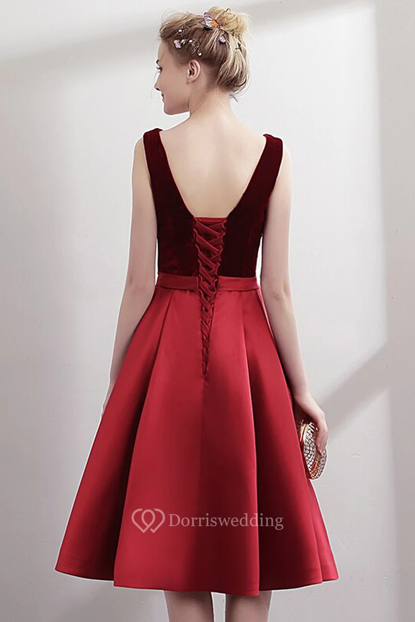 Simple A-line Satin V-Neck Sleeveless Knee Length Dress with Corset Back view 2