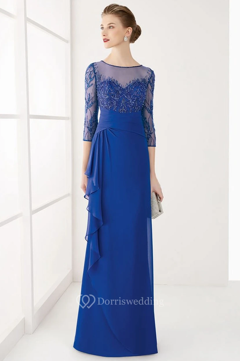 Sheath Jewel-Neck 3-4-Sleeve Long Draped Chiffon Prom Dress With Beading And Sequins