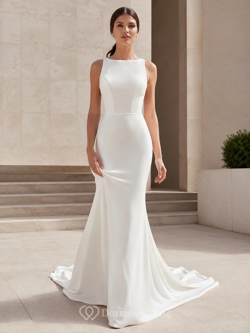 Robe de mariée sirène moderne en satin sans manches à col montant et dos nu avec décolleté en goutte d'eau