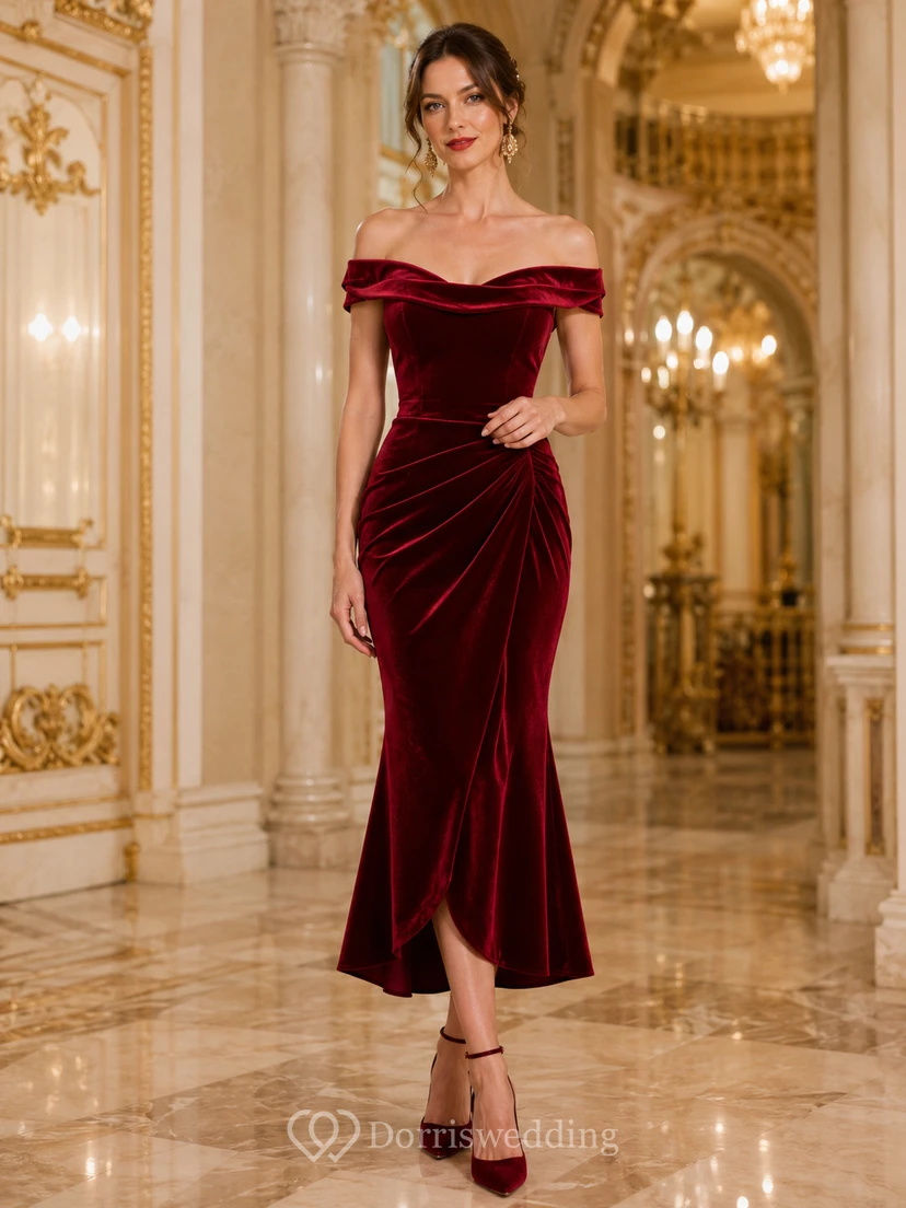 Burgundy Off Shoulder Ruched Velvet Mermaid Ankle Length Formal Guest Dress