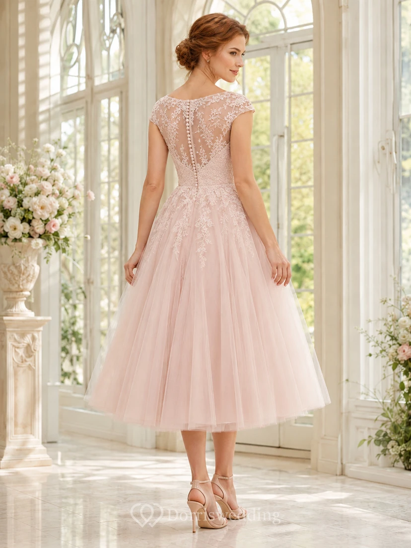 Blush Tea-Length Bateau Cap Sleeve Lace Tulle Romantic Wedding Dress view 2