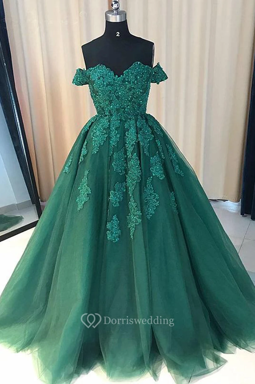Ball Gown Lace Tulle Off-the-shoulder Short Sleeve Zipper Dress