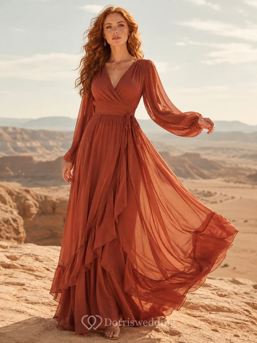 Vestido de invitada largo hasta el suelo, de gasa, corte A, con escote en V, mangas abullonadas y estilo bohemio, color marrón óxido.