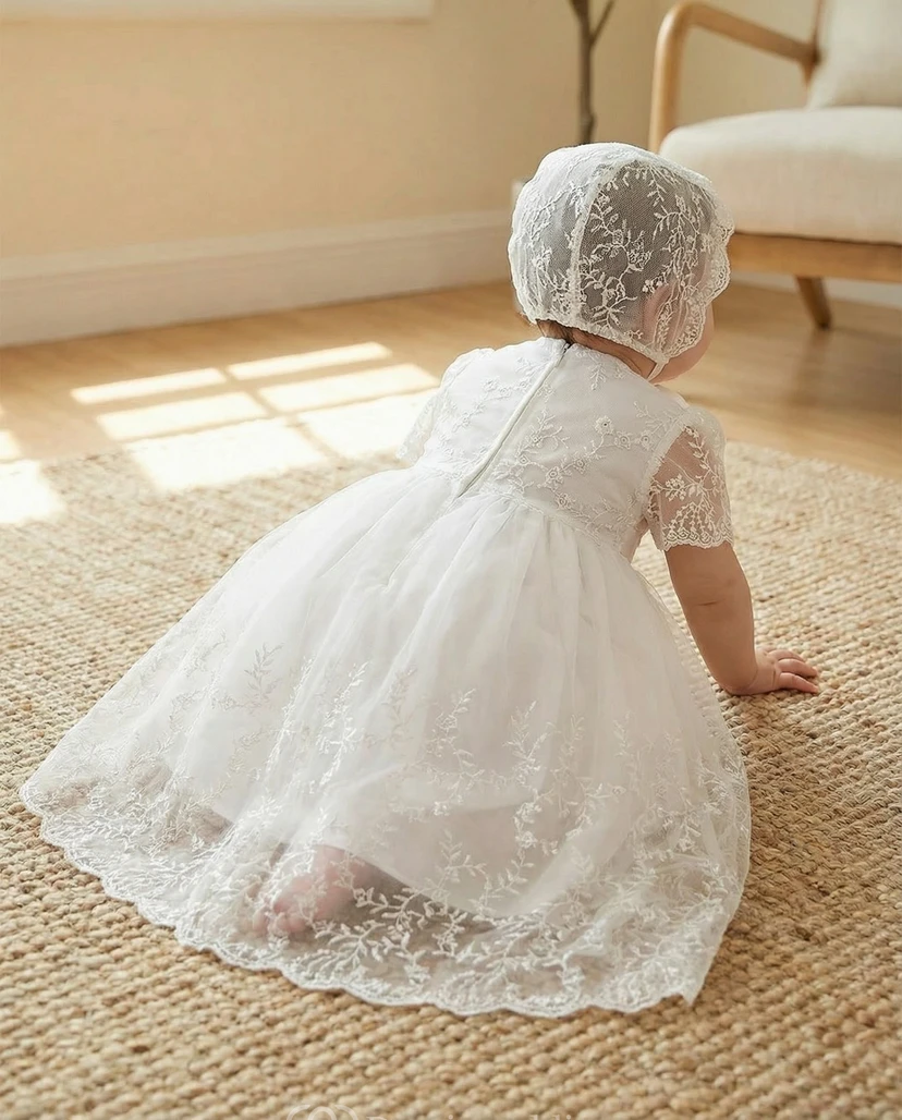 Christening White Baby Flower Girl Dress Lace Bonnet Tulle Ceremony Gown view 2