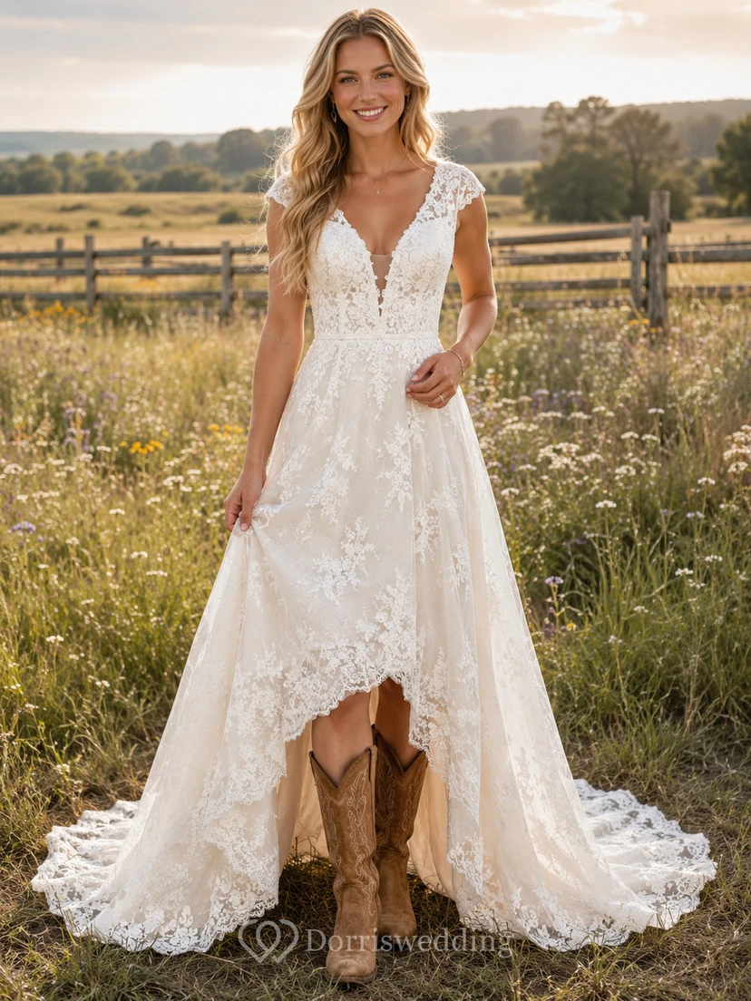 Robe de mariée de maternité, épaules dénudées, manches papillon, dentelle et tulle, style champêtre avec traîne