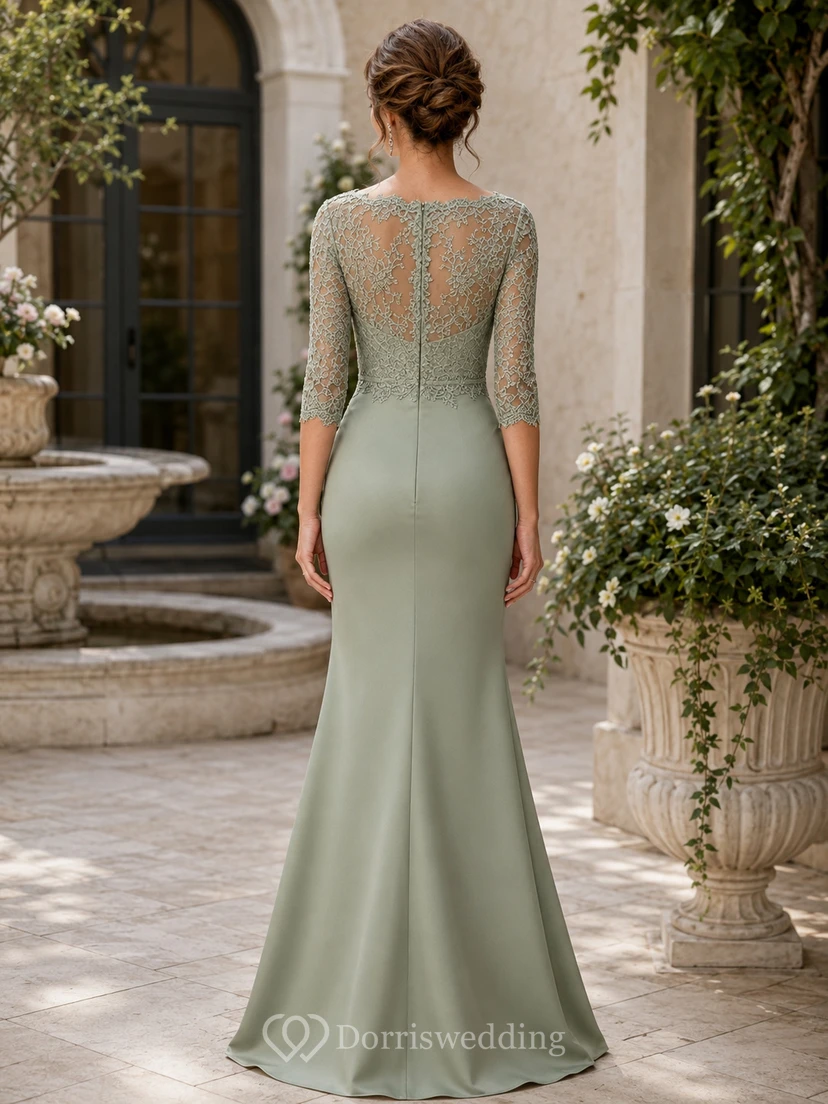 Robe fourreau en dentelle sauge à manches 3/4 pour la mère de la mariée view 2
