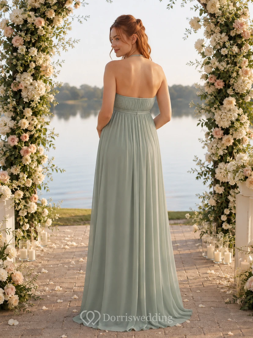 Salbeigrünes, halterloses, drapiertes Chiffon-Umstandskleid im Empire-Stil view 2