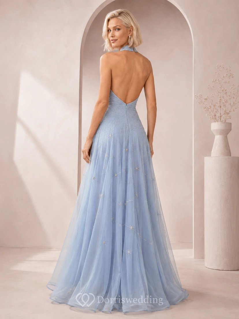 Sky Blue Halter High-Neck Celestial Sequined Tulle Deep-V Formal Prom Gown view 2