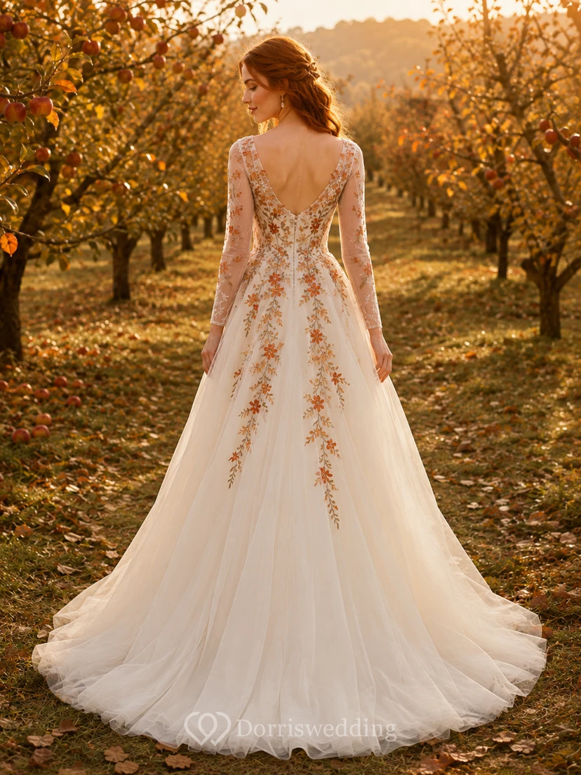 Autumn Burnt Orange Floral Embroidered A-Line Wedding Dress view 2