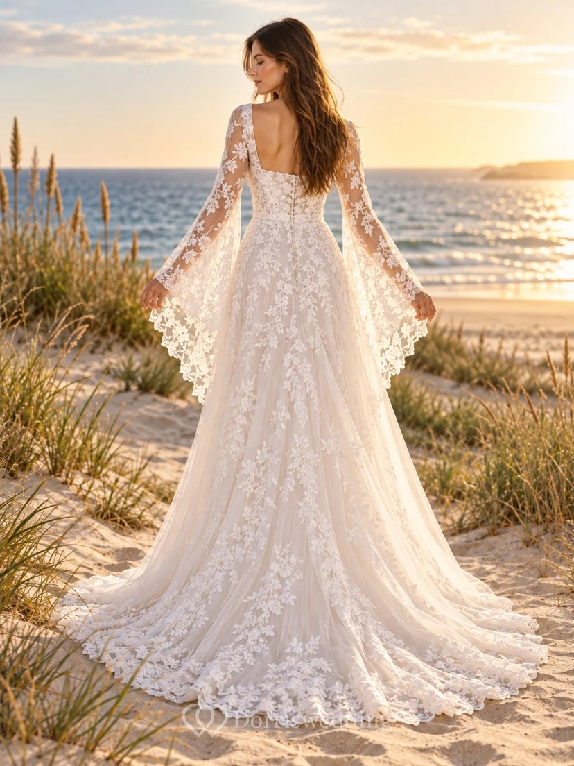 Boho Square Neck Bell Sleeve Floral Tulle Wedding Dress view 2