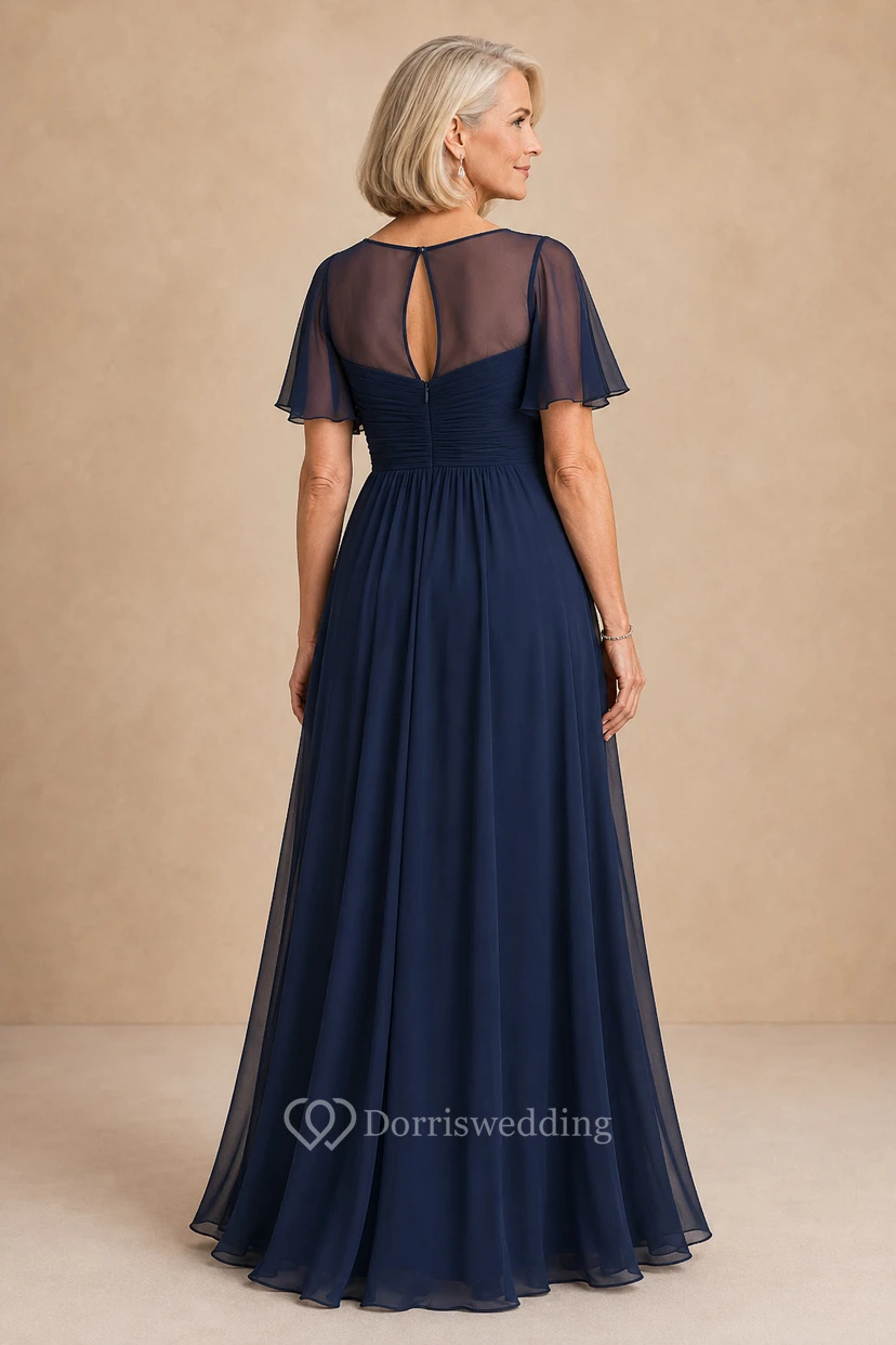 Dunkelblaues Chiffon-Kleid mit Illusion-Bateau-Ausschnitt und A-Linien-Abschnitt – perfekt für Mütter view 2