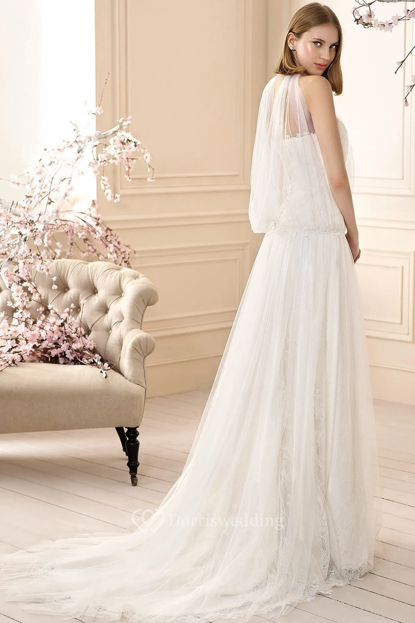 A-Line Sleeveless Long High-Neck Lace Tulle Wedding Dress view 2